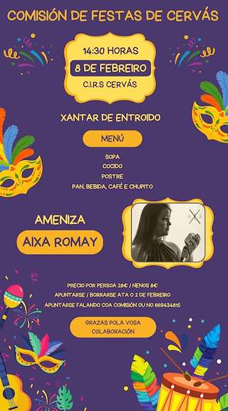 Fechas, información, programa, cartel, imágenes, mapa y ubicación de Xantar de Entroido de Cervás   en  Ares