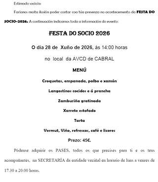 Fechas, información, programa, cartel, imágenes, mapa y ubicación de XXXVI Xantar do Socio de Cabral (2026) en Vigo