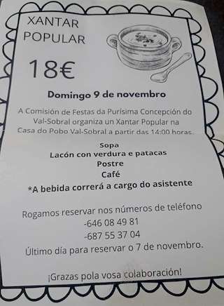 Fechas, información, programa, cartel, imágenes, mapa y ubicación de Xantar Popular das Festas da Purísica Concepción de Val-Sobral (2025)  en  Soutomaior