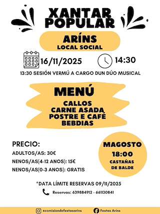 Fechas, información, programa, cartel, imágenes, mapa y ubicación de Xantar Popular de Arins (2025)  en  Santiago de Compostela