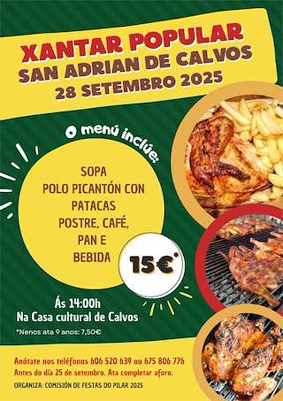Fechas, información, programa, cartel, imágenes, mapa y ubicación de Xantar Popular de San Adrián de Calvos  en  Fornelos de Montes