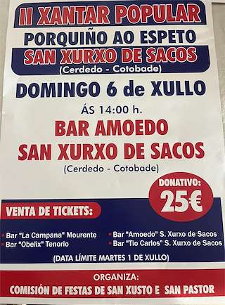 Fechas, información, programa, cartel, imágenes, mapa y ubicación de II Xantar Popular do Porquiño ao Espeto de San Xurxo de Sacos  en  Cerdedo-Cotobade