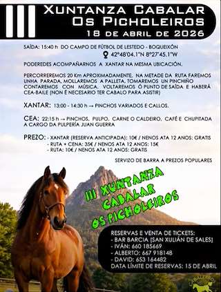 Fechas, información, programa, cartel, imágenes, mapa y ubicación de III Xuntanza Cabalar Os Picholeiros (2026) en Boqueixón