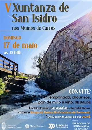 Fechas, información, programa, cartel, imágenes, mapa y ubicación de V Xuntanza de San Isidro nos Muíños de Currás (2026)  en  Vilanova de Arousa