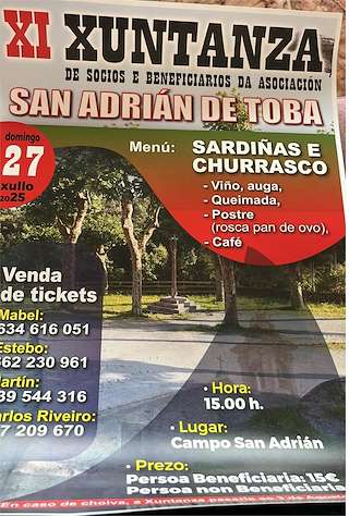 Fechas, información, programa, cartel, imágenes, mapa y ubicación de XI Xuntanza de Socios e Beneficiarios da Asociación San Adrián de Toba  en  San Cristovo de Cea
